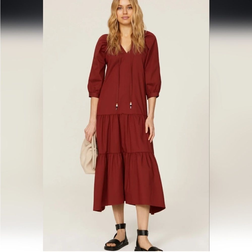 HUGO BOSS | Depera Dark Brick Red Peasant Style Midi Dress Women’s Size 6